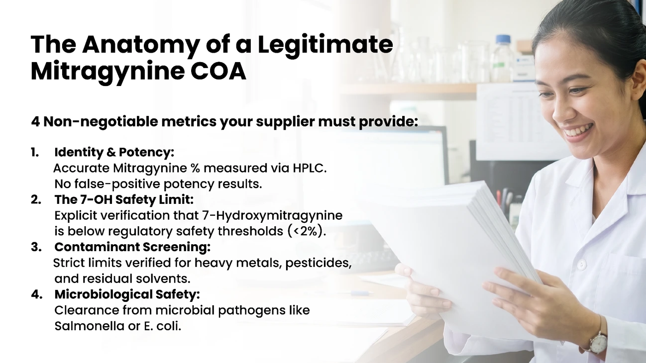 What to look for in a Mitragynine Certificate of Analysis COA